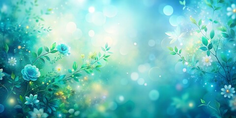 Wall Mural - Blurred blue and green wallpaper with floral overlays and ethereal glow backdrop for a dreamy and tranquil background