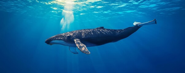 Wall Mural - A majestic whale gracefully swims beneath the crystal-clear ocean surface, illuminated by sunlight filtering through the water.