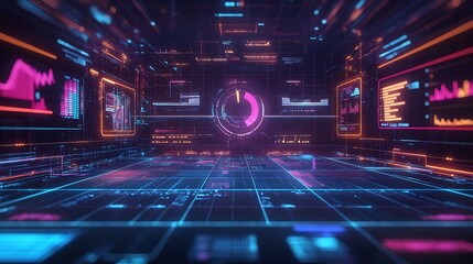 Poster - Futuristic digital interface with glowing lines and data displays