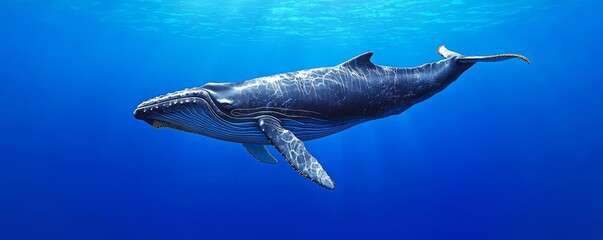 A majestic whale gliding through crystal-clear blue waters, showcasing its beauty and grace in the underwater world.