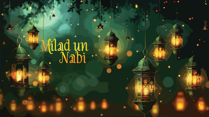 Vector illustration of Eid e Milad Un Nabii Backgorund with hanging light and moon in the background
