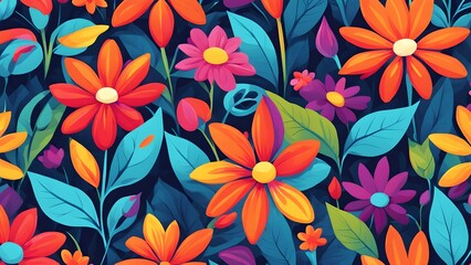 Wall Mural - A seamless pattern of colorful flowers and leaves on a dark blue background.