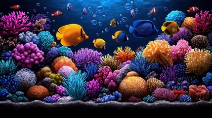 Vibrant watercolor painting of a vast and colorful coral reef with exotic fish, intricate sea anemones, and a sense of vibrant underwater life