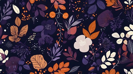 Poster - Abstract Floral Pattern with Purple, Orange and White Leaves on Dark Background