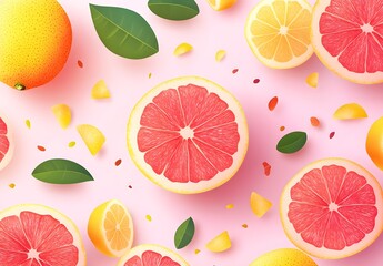 Sticker - Fresh Grapefruit and Lemon Slices on Pink Background