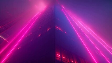 Poster - A tall glass skyscraper illuminated with vibrant red neon lights, standing tall against a backdrop of pink fog, A sleek, glass skyscraper with glowing neon accents