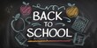 © tilialucida - Back to School Chalkboard Design with Colorful Apple and School Supplies Drawing.