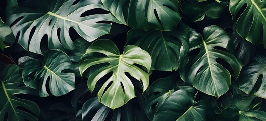 Canvas Print - Close up shot of large green Monstera leaves