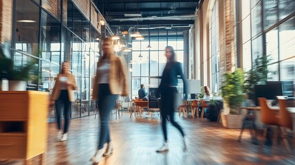 Wall Mural - Blurred Motion of People Walking Through a Modern Office Space