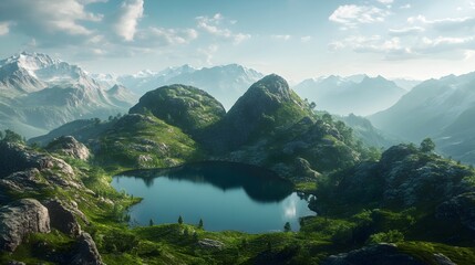 Wall Mural - Heart-shaped view of mountains and lake landscape picture