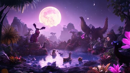 A fantastical, otherworldly landscape bathed in the soft glow of a full moon, populated with a variety of mythical creatures and animals.