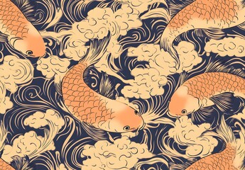 Canvas Print - Seamless Pattern with Koi Fish and Waves in Japanese Style