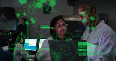  - Animation of chemical formula and data processing over diverse scientists using laptop in lab
