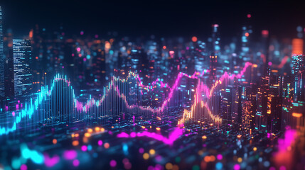 A 3D stock market graph rising sharply with vibrant colors, amidst a backdrop of a bustling cityscape at night