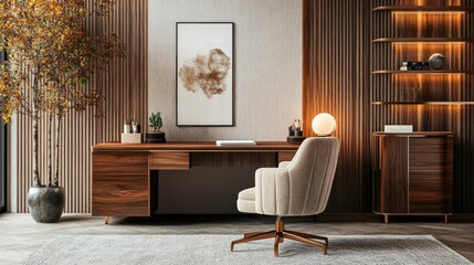 A 3D illustration of a study room with a wooden desk, plush chair, and warm lighting, displayed on a white isolated