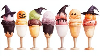 Watercolor Delightful Halloween-themed ice cream cones featuring playful designs and vibrant colors, perfect for festive celebrations. Isolate on white background set