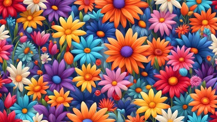 Wall Mural - A vibrant and colorful seamless pattern of various flowers in a garden, perfect for textile and digital printing.