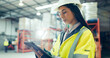 © peopleimages.com - Industrial, tablet and supply chain with woman in warehouse for logistics, freight or shipping. Export, delivery or cargo storage with digital checklist for customs compliance in inventory management
