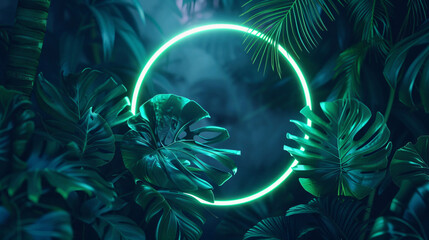 Poster - A vibrant green tropical jungle scene with a glowing neon circle, creating an ethereal and modern atmosphere, blending nature with artistic design.