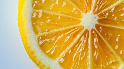 A close-up of a lemon slice with zesty yellow peel and juicy interior, set on a bright white background