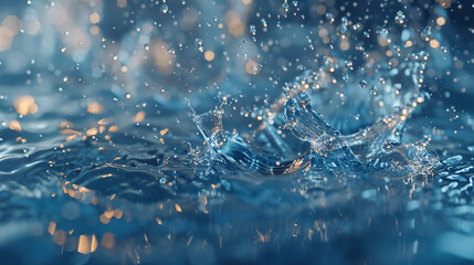 Poster - A close-up of water droplets splashing on a surface, creating a mesmerizing visual effect with shimmering reflections and a dynamic, fluid motion.