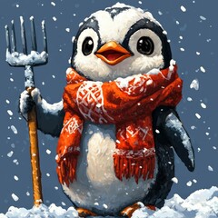 Sticker - Penguin in Winter Wonderland Holding a Pitchfork