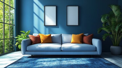 Blue living room interior with sunlight