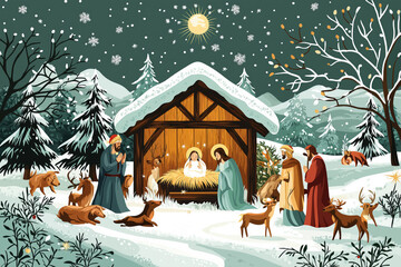 A Christmas scene with a man and woman in a manger with a baby and a man