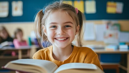 cute little girl, smiling and reading book in the classroom 