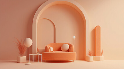 Poster - A modern interior design featuring a soft orange sofa and decorative elements, creating a warm and inviting atmosphere with a contemporary aesthetic.