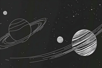 A minimalist drawing of planets with rings in a starry night sky.