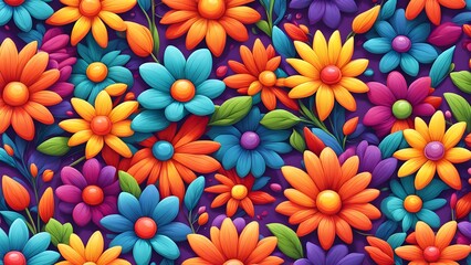 Wall Mural - A vibrant and colorful seamless pattern featuring a close-up of various vibrant colored flowers with green leaves on a purple background.