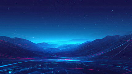 Poster - A futuristic digital landscape with rolling hills and glowing lines of light against a deep blue background, evoking a sense of technology and mystery.