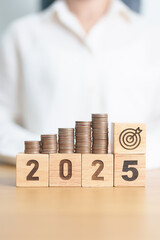 Poster - Happy New Year 2025 with Coins stack and dartboard icon. Strategy, goal, Money, Budget, tax, investment, financial, savings and New Year Resolution concepts