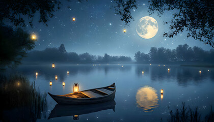 Wall Mural - A serene night scene with a full moon, stars, and a small boat on a tranquil lake, illuminated by lanterns.