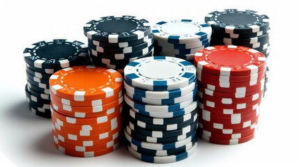 Stacks of poker chips isolated on white background