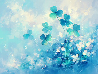 Poster - A delicate watercolor illustration of clovers and white flowers, evoking a sense of tranquility and beauty in a soft blue-toned environment.