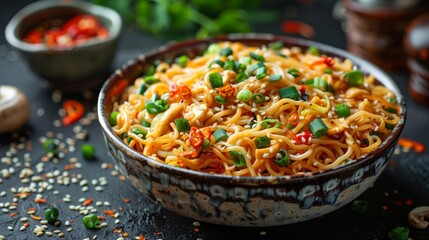 Stir fry noodles with vegetables: red paprika, champignons, green onion and sesame seeds in ceramic bowl. Black table background, top view 