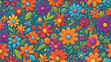 Wall Mural - A cheerful, colorful seamless pattern of cartoon flowers in various shades of orange, red, pink, blue, and purple on a dark blue background.