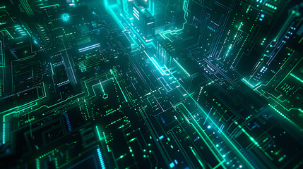 Poster - A futuristic digital illustration of a high-tech cityscape, filled with glowing lines and circuits, evoking a sense of innovation and technology.