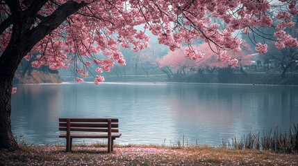 Wall Mural - Cherry Blossoms Lake Bench.