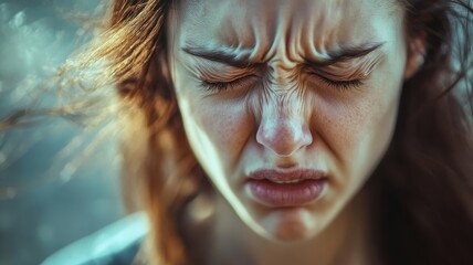 A close-up portrait of a woman expressing intense emotion with furrowed brows and tightly closed eyes.