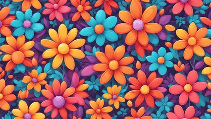 Wall Mural - Seamless pattern of colorful cartoon flowers on a dark background.