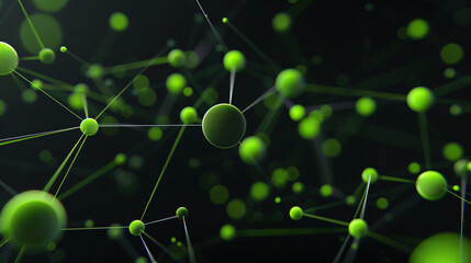 Poster - An intricate digital illustration of green spheres interconnected by fine lines against a dark backdrop, representing molecular structures and connections.