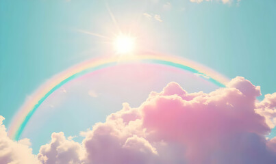 Poster - A pastel rainbow arches over fluffy pink clouds with a bright sun shining through.