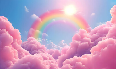 Poster - Dreamy pink clouds and a vibrant rainbow in a beautiful blue sky.