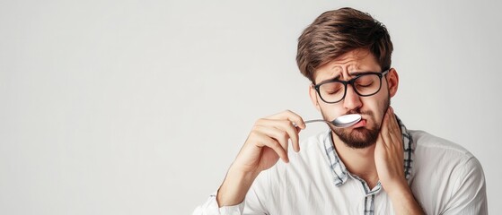 A young man with glasses grimacing while brushing his teeth, showcasing discomfort and concern for dental health.