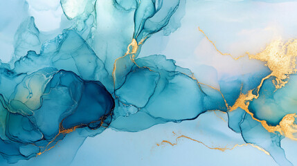 Poster - A stunning abstract artwork featuring flowing turquoise and blue shapes intertwined with golden accents, creating a mesmerizing and elegant visual effect.