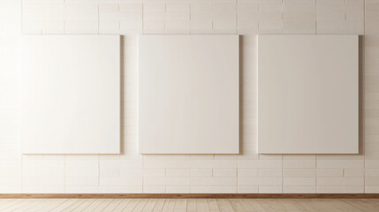 Poster - A minimalist interior featuring three blank canvases mounted on a white wall, ready for artistic expression, emphasizing simplicity and potential creativity.
