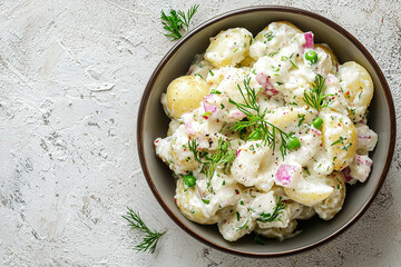 Wall Mural - potato salad. on white stone background.